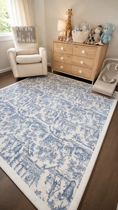 Blue Woodland Toile Memory Foam Nursery Rug – Soft Baby & Kids Play Mat