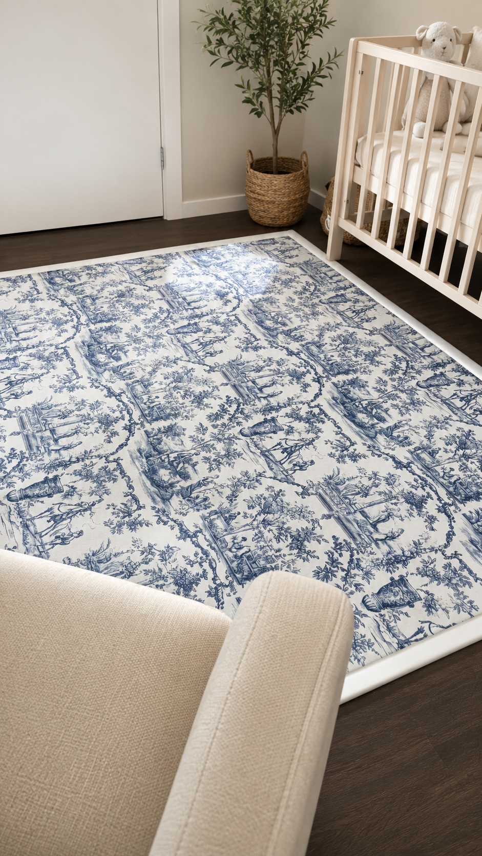 Blue Woodland Toile Memory Foam Nursery Rug – Soft Baby & Kids Play Mat
